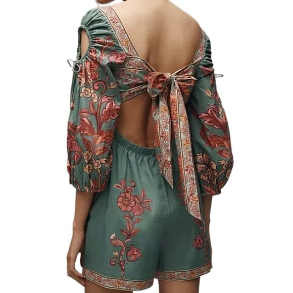 NWT Farm Rio Anthropologie Puff-Sleeve Square-Neck Romper Green S Floral Boho - Picture 6 of 15